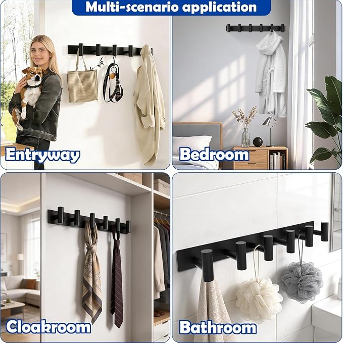 Matte Black Coat Rack Wall Mount - 6 Hooks, Heavy Duty Stainless Steel Wall Hooks for Towels, Coats, Robes, Bags, Hats, Keys, Wall Coat Hanger for Bathroom, Entryway, Kitchen, Hotel, Bedroom, Office