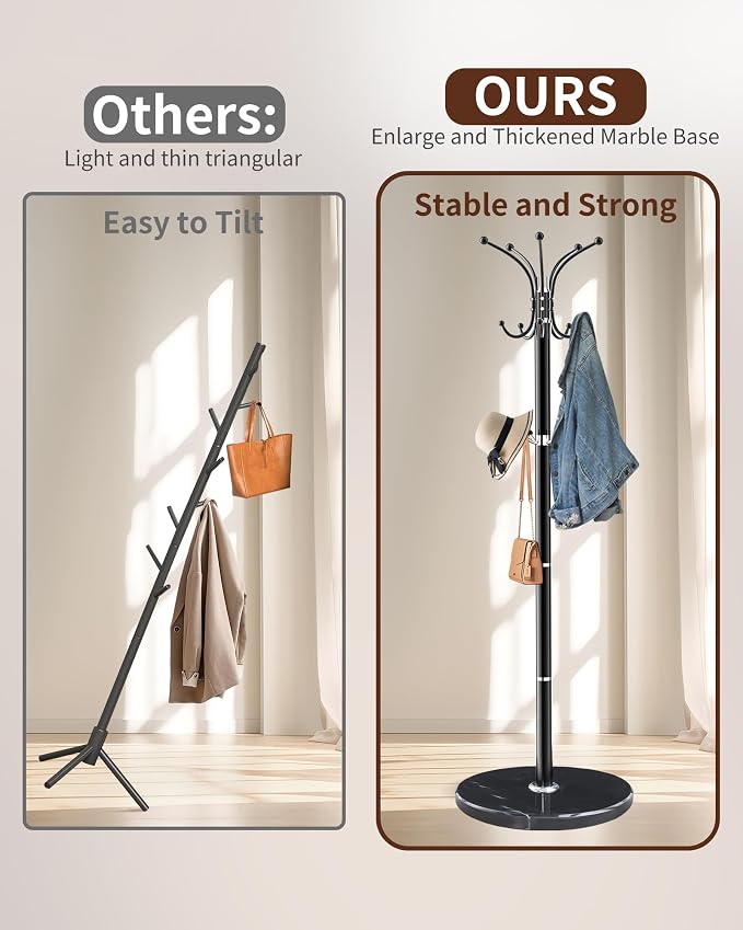 Snaikor Metal Coat Rack Stand with Natural Marble Base, Modern Coat Rack Freestanding, 360°Rotary Coat Racks with 14 Hooks, Heavy Duty Coat Hall Tree Hanger Stand for Entryway, Office