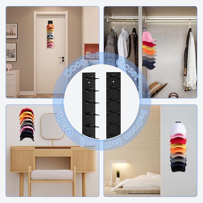 1 Pack Hat Organizer For Baseball Caps, Hat Rack for Wall Holds 9 Hats | Thick ABS Plastic, Adhesive Or Screw Mount, Extended Spaced Tiers Help Keep Cap Shape, For Doors, Closets, Bedrooms