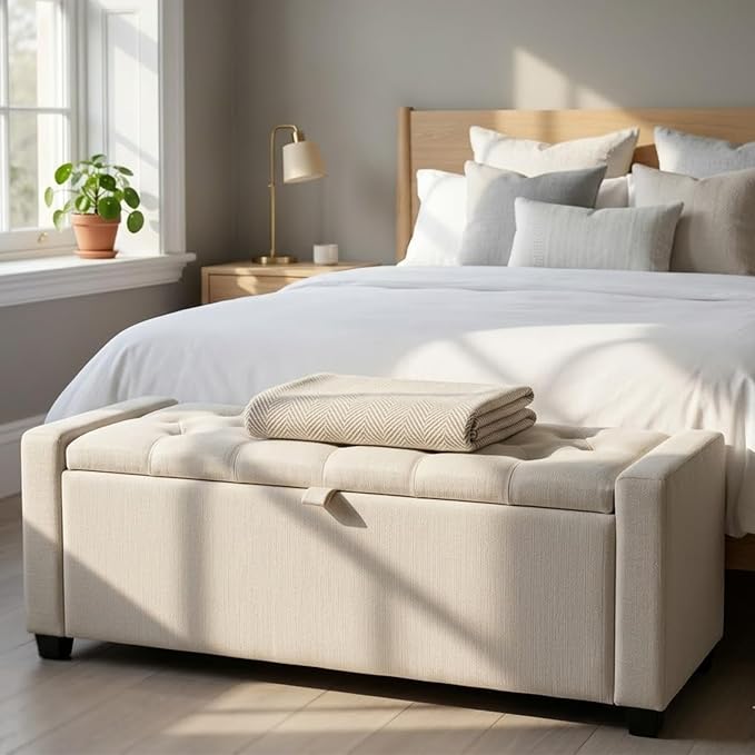 47" Beige Storage Ottoman, Entryway Bench Seat for Livingroom | Versatile design works as a coffee table or footstool; easy assembly, sturdy structure, and comfortable padded cushion.