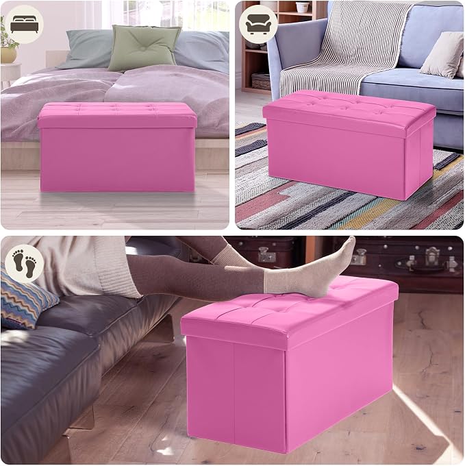 COSYLAND Ottoman Bench with Storage 30x15x15 inches White Ottoman for Room Folding Leather Footrest Footstool Rectangle Collapsible Furniture with Lid for Bedroom Living Room Pink