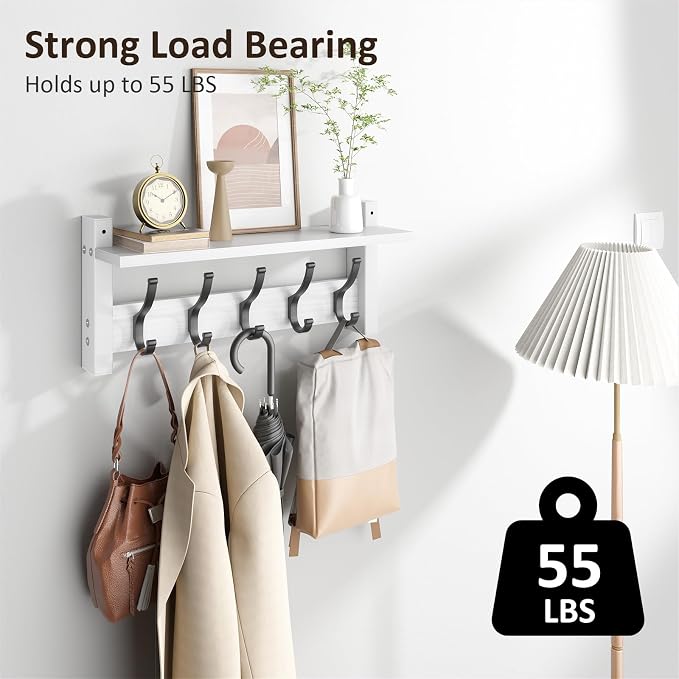 Optish Coat Rack Wall Mount with Shelf, 17.1 Inch Coat Hanger Walls Mounted, Hat Rack for Walls, Shelf with 5 Coat Hooks, Wall Hanger for Entryway (White)