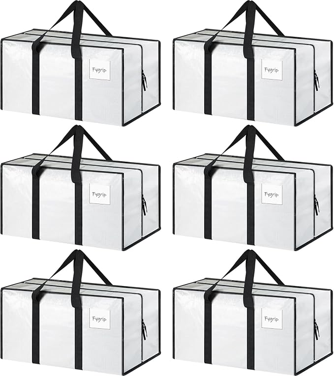 6 Pack Extra Heavy Duty Large Moving Bags with Strong Zipper & Comfortable Handles, Sturdy & Durable Clothes Storage Bags Totes Bins, Packing Moving Boxes for College Supplies, White