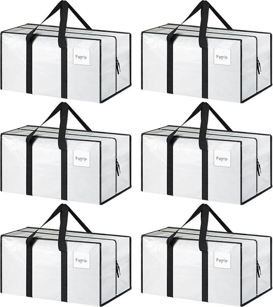 6 Pack Extra Heavy Duty Large Moving Bags with Strong Zipper & Comfortable Handles, Sturdy & Durable Clothes Storage Bags Totes Bins, Packing Moving Boxes for College Supplies, White
