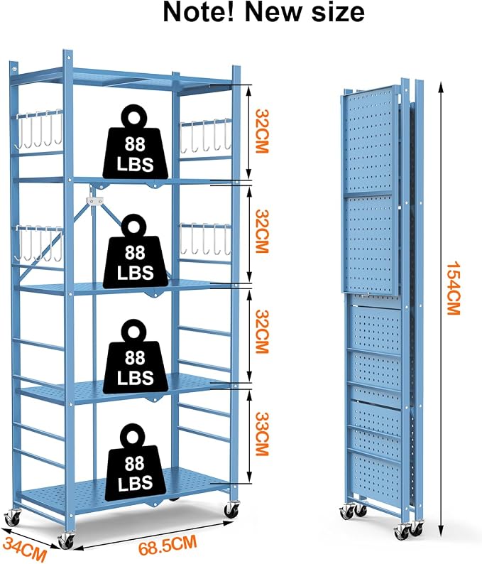 Himix Storage Shelves with 20 Hooks, 5-Tier Foldable Shelf for Storage, Folding Shelf Unit Pantry Shelves with Wheels, Standing Shelving Unit for Kitchen Garage Home Office Room Greenhouse, Blue
