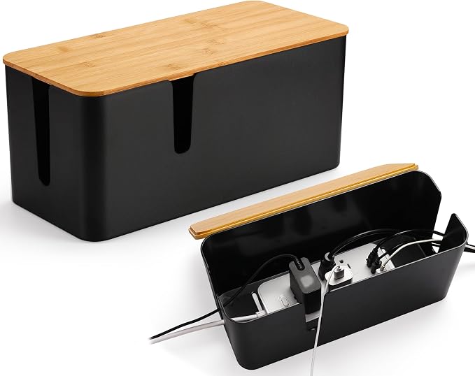 ZhiYo 2 Pack Cable Management Box, Large & XL, Power Strip Organizer, Black | Extra-Tall Design for Oversized Adapters, Fits Power Strips Up to 13.4" Long, Natural Bamboo Lid, Ideal for Desks, TV Areas