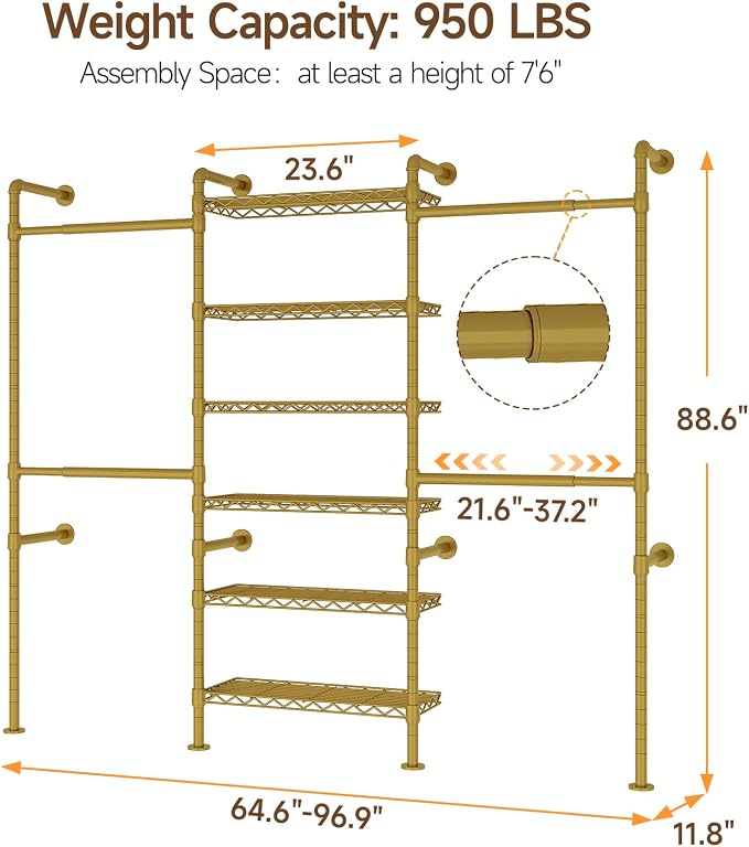 ONBRILL H3 Expandable Wall Mounted Closet System, 5.4FT-8.1FT Closet Organizer with 4 Telescopic Rods & 6 Wire Shelves, Industrial Pipe Clothing Rack for Walk-in & Reach-in Closet (Gold)