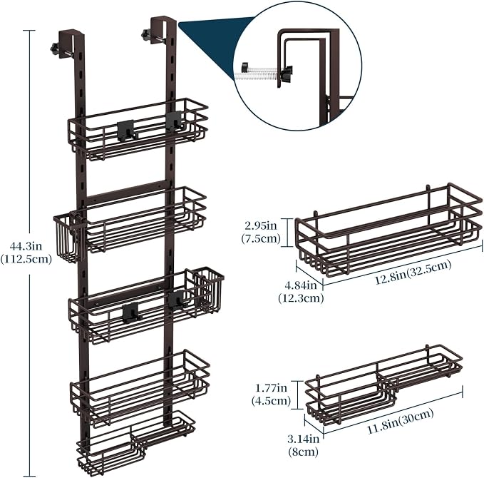 Consumest Over The Door Shower Caddy - 5 Tier Adjustable Shower Organizer Hanging with 2 Toothbrush Holders & 4 Hooks, Rustproof Organizer Shelf, Storage Rack for Bathroom, Bronze