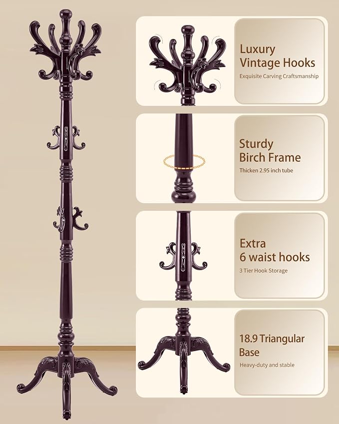Wooden Coat Rack Stand, Solid Wood Freestanding Coat Rack, Vintage Coat Racks with 14 Hooks & Triangle Base, Heavy Duty Standing Coat Hanger Jacket Tree Stand for Office, Entryway, Hallway