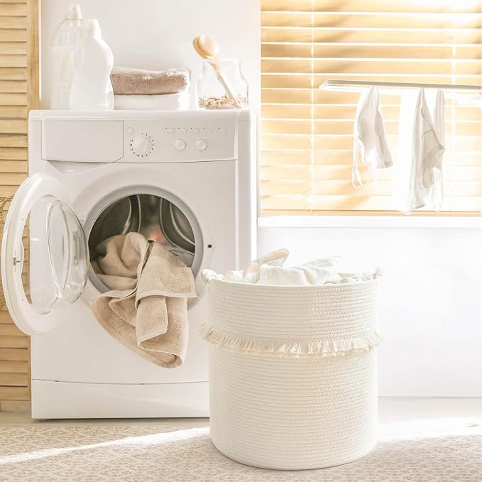 CherryNow 60L Woven Rope Baby Basket with Tassel, 17" x 16", Off-white | Decorative Boho Laundry Basket for Blankets & Towels Storage, Fits Living Room & Nursery Home Decor, with Knotted Handles