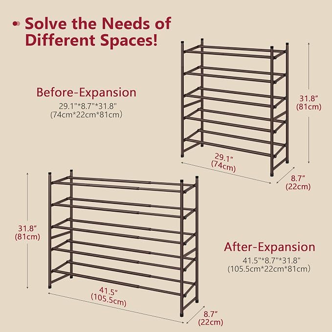 Expandable Shoe Rack for Closet 5 Tier, 28“-41“Stackable, Bronze | Adjustable Shoe Organizer Closet Shoe Rack Floor, Metal Shoe Shelf Storage for Entryway, Closet, Garage, Front Door Entrance