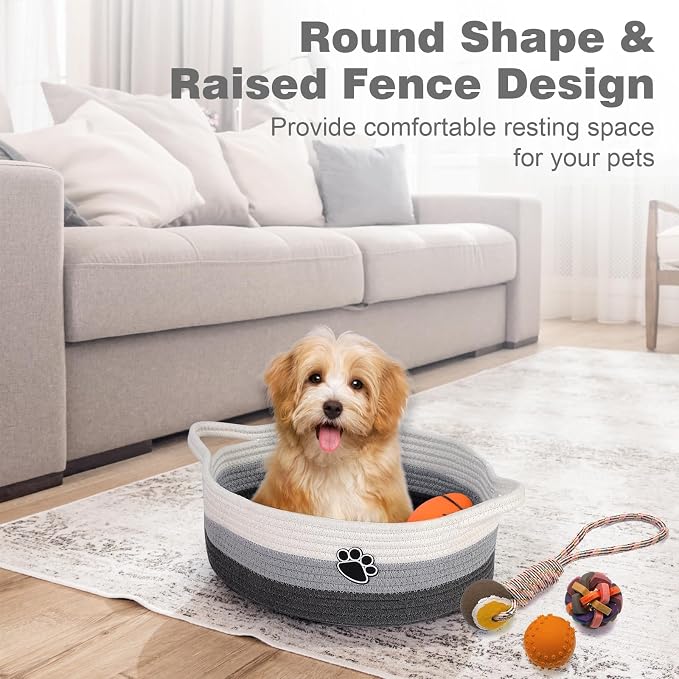 Optish Dog Toy Basket, Toy Box and Bin for Dog Cat Storage, 13.5" X 11" X 5" Small Woven Rope Basket for Baby Storage, Closet, Living Room, White & Grey