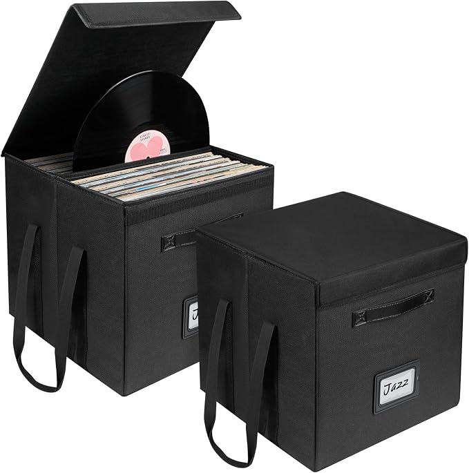 Uniclife 2 Pack Vinyl Record Storage Box with Lid & Handles | Collapsible, Splash-Resistant Album Storage Crate for 80 Single Records (12"), Black, 13" × 13" × 13"