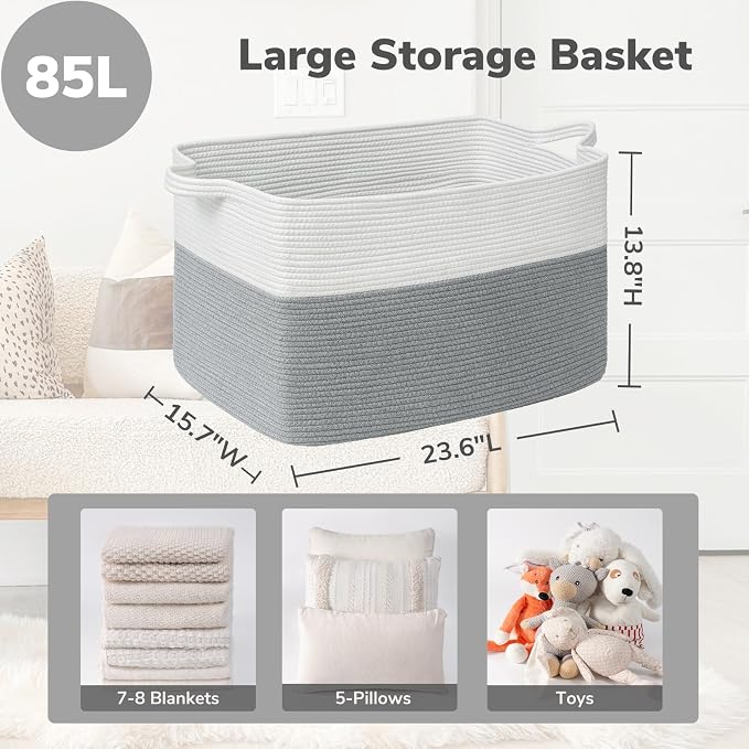 Goodpick Large Woven Blanket Basket, Rectangle Cotton Rope, White Gray | 85L, 23.6 x 15.7 x 13.8 in, Reinforced Handles, Living Room, Bedroom & Nursery Organization, Blankets & Pillows Storage