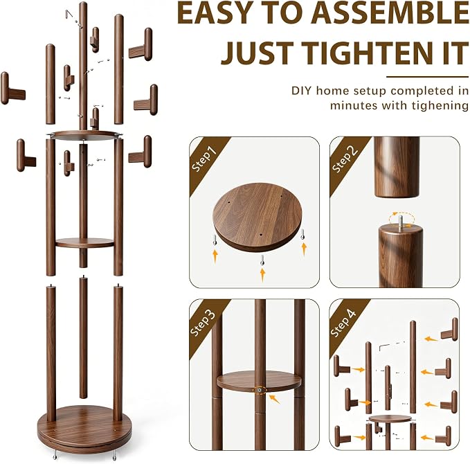 Rotary Coat Rack Freestanding - Solid Wood Coat Tree with 9 hooks & 3 Storage Shelves for Purse, Bag, Jacket, Hat, Corner Hanger Stand Racks for Hall, Entryway, Office, Modern Clothes Holder