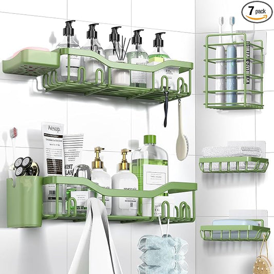 NESOMI Shower Caddy Adhesive Shower Organizer 7-Pack, Rustproof Stainless Steel Bathroom Shelves, Large Capacity No-Drill Rack Storage Accessories with Soap Dish Toothbrush Holder Hooks