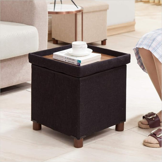 15 Inch Storage Ottoman with Wooden Legs - Cube Foot Rest Stool, Square Footstool, Comfortable Seat with Lid, Foldable Fabric Ottoman, Space-Saving Black