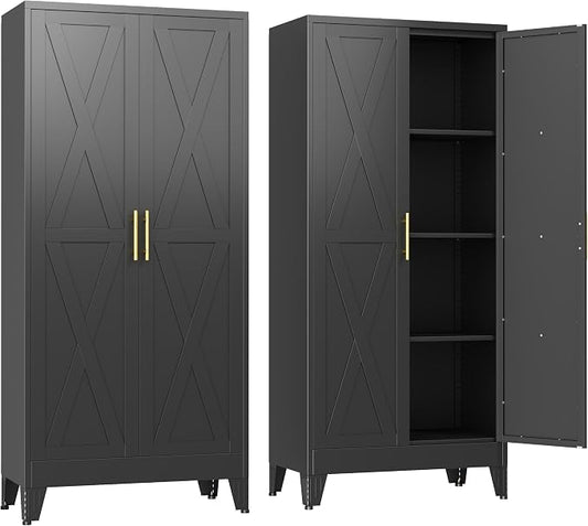 GAIOUS 61" Tall Kitchen Pantry Cabinet,Metal Storage Cabinet Black Cupboard | Steel Office Cabinet, Freestanding Bookcase with 2 Doors and 3 Adjustable Shelves, Bathroom Kitchen Bedroom Garage Cabinet