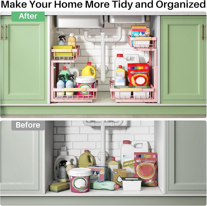 Kitstorack Under Sink Organizer, 2 Tier Under the Sink Storage, Slide out Pull out Cabinet Organizer Shelf, Metal Sliding Drawer for Kitchen Bathroom Pantry Closet Organization Rack, Pink, 1 Pack
