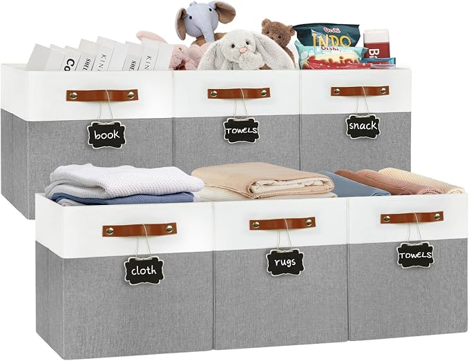 Patvingot 13-Inch Linen Storage Cubes with Labels and PU Handles,6 Pack | Roomy storage for blankets, sweaters and towels, reinforced bottom, contents stay easy to identify, folds flat when empty