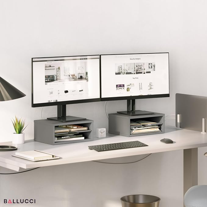 Ballucci File Organizer, 2-Tier Document Paper Sorter, Stackable Wood Desk Organizer Mail Holder, Monitor Stand with Storage Shelves, Gray