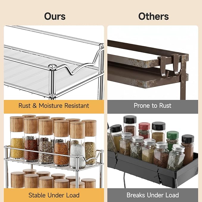 MUDEELA 2 Pack Pull Out Spice Rack for Inside Cabinet, 2 Tier Chrome Spice Organization for Cabinet, Vertical Sliding Out Spice Rack Organizer for Seasoning, 10.4''D×4.8''W×9.3''H