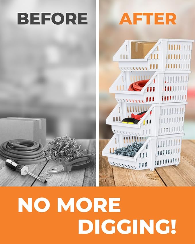 Small Stackable Storage Bins Open Front for Pantry Storage, 8 Pack - White | Sturdy Plastic, Easy Stacking, Open Front Access, Ventilated Sides, Vertical & Space Saving Pantry Organizers and Storage Bin