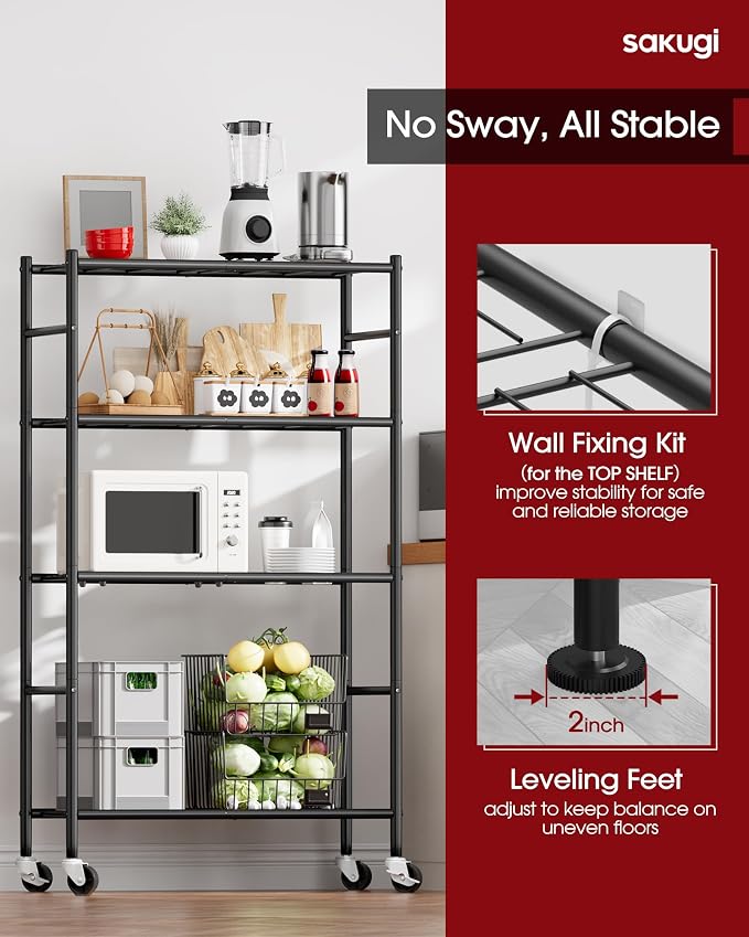 Sakugi 4-Tier Storage Shelves 33.1" x12.6" x58.9" Black with Wheels | Kitchen, Closet, Pantry, Garage, Heavy Duty, Adjustable Feet, Metal Construction