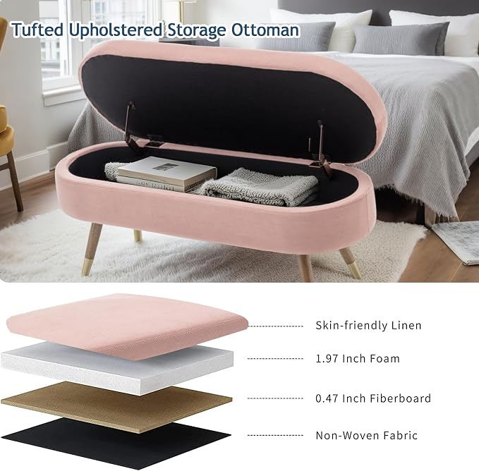 IAFIKE Oval Storage Bench 43.5" Ottoman Bench Upholstered Boucle Fabric Footrest Bench with Golden Metal Legs End of Bed for Bedroom, Living Room, Entryway,Bed Side (Pink)
