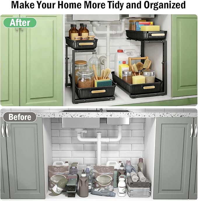 ARSTPEOE Under Sink Organizer - 2 Packs Multi-Purpose Pull-Out Storage Organizers, Slide out Pull out Cabinet Organizer Shelf, Storage for Kitchen Bathroom