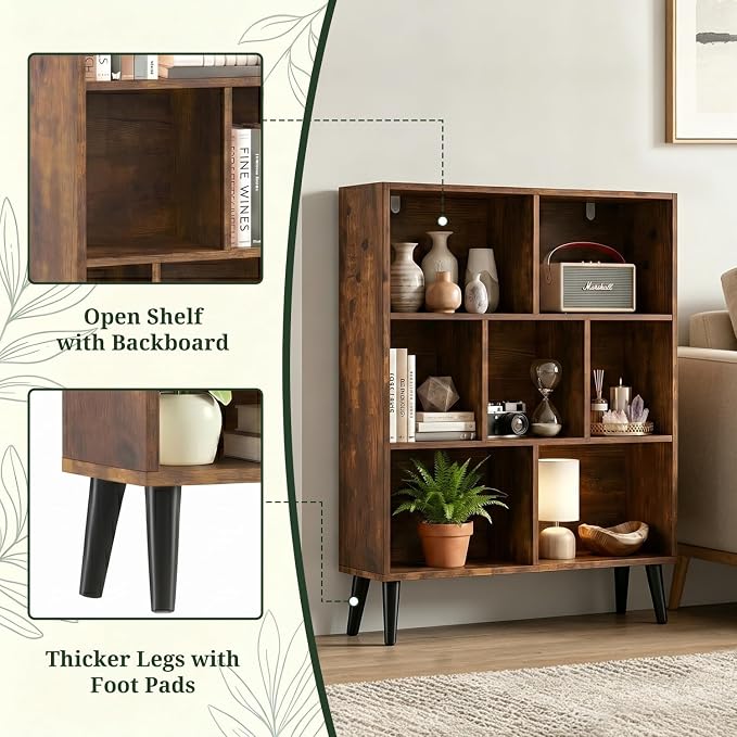 7 Cube Storage Organizer Shelf，Open Cube Bookshelf with Legs | 3 Tier, Mid-Century, Heavy Duty, Modern Bookcase, Display Shelf, Living Room, Bedroom, Office, Deep Brown