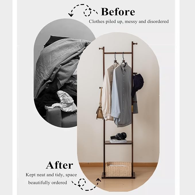 SOBIBO Clothes Rack Solid Wood Coat Rack with Shelves and Hooks – Garment Clothing Rack Coat Rack with Storage for Hallway, Bedroom, Living Room, 15.75 inch, Walnut