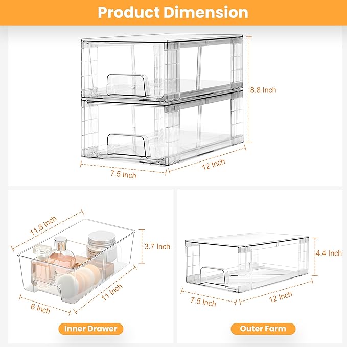 4 Pack Stackable Storage Drawers with Handles, Easy Assembly Clear Acrylic Fridge Organizer, Refrigerator Organizers and Storage for Kitchen, Under Sink, Pantry, Bathroom