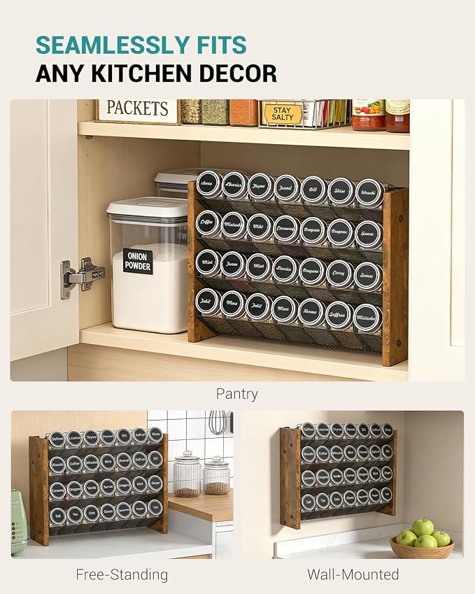 NESAPTO Spice Rack Organizer with 28 Glass Spice Jars, Wood 4-Tier Seasoning Organizer with Labels for Cabinet, Pantry, Countertop or Wall Mount, Chalk Marker and Funnel Set, 14" W × 9.4" H