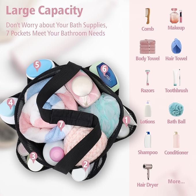 Mesh Shower Caddy Portable - 7 Pockets Large Shower Bag for Dorm, Camping | S-Hook, Quick-Dry, Hanging Toiletry Organizer, College Dorm Room Essentials for Girls, Gym, Travel & Bathroom, Black