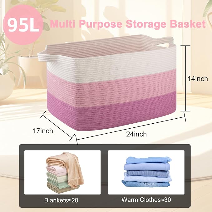 OIAHOMY Extra Large Blanket Basket, 95L Cotton Rope Woven Laundry Basket, Toy Bin for Baby Room, Container for Blanket Storage in Living Room, 24''×17''×14'', Gradient Pink