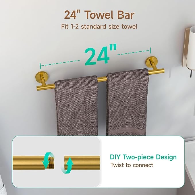 USHOWER 4PCS Brass Gold Bathroom Accessories Set, 24-Inch Towel Bar Set | Durable SUS304 Stainless Steel Bathroom Hardware Set, Towel Racks for Bathroom Wall Mounted, Modern Home Decor