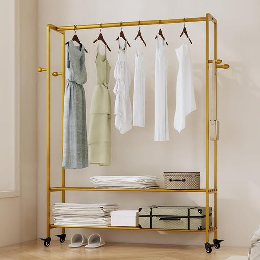 Gold Rolling Garment Rack with Shelves and Hooks,Freestanding Metal Clothing Rack with Wheels,Modern Clothes Hanging Rack for Bedroom,Closet,Boutique Display