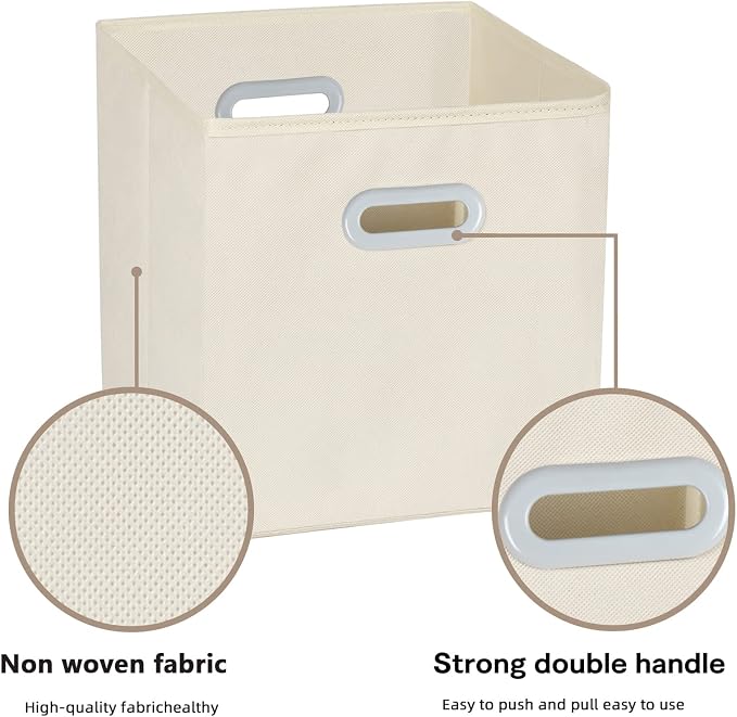 Fabric Cloth Storage Bins,Fabric Cube Organizer with Dual Handles Foldable Cube Storage Baskets for Home Bedroom Storage,Set of 3, Creamy-White