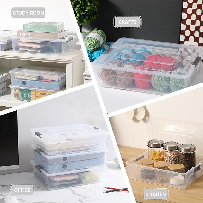 novelinks 10 Quart Clear Plastic Storage Containers with Lids (4 Pack) | Storage Bins with Lids, Stackable Small Clear Bins, Craft Storage Box, Paper Storage, Under Bed Storage Bins, Pencil Box