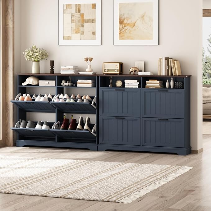 Hidden Shoe Storage Cabinet with 4 Flip Drawers & Open Storage | Farmhouse Modern Shoes Rack Cabinet,Adjustable Shelves ,Narrow Slim Shoe Organizer for Entryway,Foyer,Hallway,Navy Blue