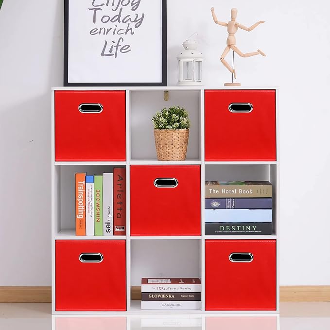 Fabric storage bins Cubes, Fabric Cube Organizer with Handle, Foldable Cube Bins for Cloth or Accessary Storage, 11x11x11, Set of 6, (Red)