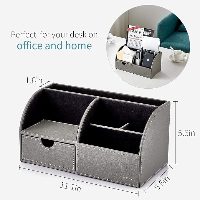 VLANDO Office Desk Organizer Leather Desktop Organizer Caddy with Drawer for Storing Desktop Supplies and Accessories (Grey Set) | Grey leather desk organizer set combines divided desktop storage and a pull-out drawer for office supplies and accessories
