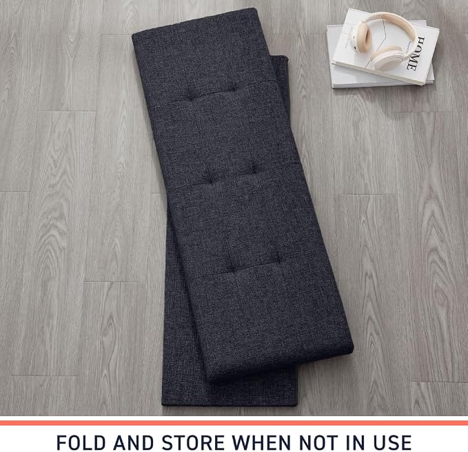 Ornavo Home 43 Inch Folding Extra Large Storage Bench, Linen, Black | Upholstered Tufted Ottoman with Lid; Foot Rest Stool; Ideal for Bedroom, Living Room or Entryway