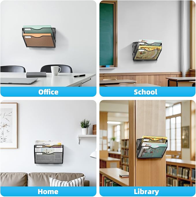 Marbrasse Wall File Holder 2-Tier Hanging Wall File Organizer, Mesh Mail Holder for Papers, Wall Mount File Clipboard & Magazine Organizer Great for Office Home - 2P