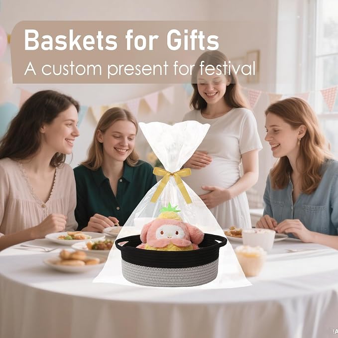 JMvicyroam Small Woven Basket, Empty Gift Basket, Black&Grey/3 Pack | Small Gift Basket, Cotton Rope, 12 x 8 x 80 in, Handles, Includes Ribbon and Bag, Birthday Gift Basket