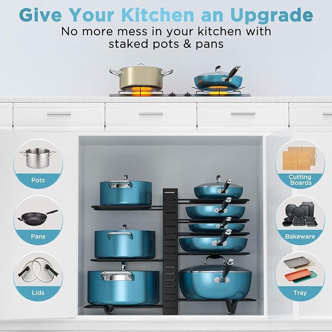 Pots and Pans Organizer Under Cabinet 16.6", 8-Tier Adjustable Rack | 3 DIY Modes, Tool-Free Assembly, Non-Slip, Fits Lightweight Cookware Up to 11", For Kitchen Cabinets, Shelves & Countertops