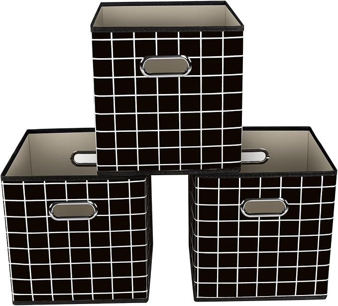 Yunkeeeper storage bins Cubes, Fabric Cube Organizer with Handle, Foldable Cube Bins for Cloth or Accessary Storage, 11x11x11, Set of 3,(Black grid)