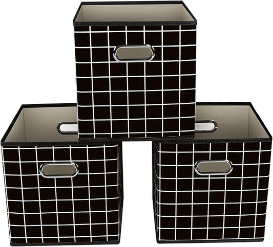 Yunkeeeper storage bins Cubes, Fabric Cube Organizer with Handle, Foldable Cube Bins for Cloth or Accessary Storage, 11x11x11, Set of 3,(Black grid)