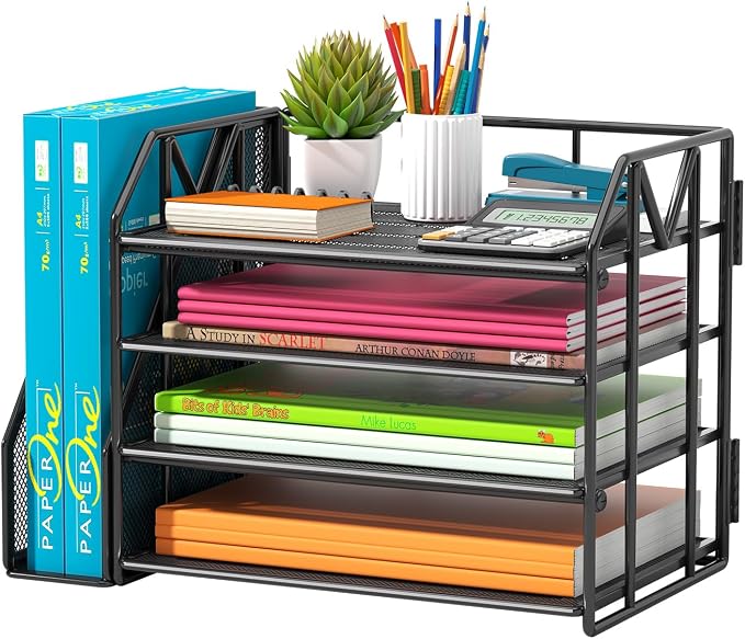 4-Tier Paper File Organizer with Bookend, Metal Desk Organizer, Tiered Paper Tray for Letter/A4 Files, Desktop Office Supplies Storage Rack for Home Office, Classroom, School & Work, Black